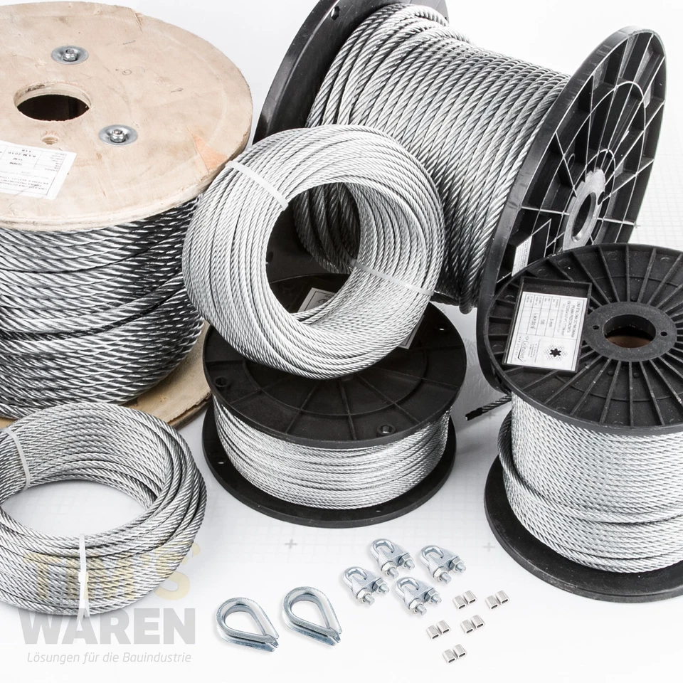 TIM'S WAREN Drahtseil Verzinkt SET: 5m bis 200m + Klemmen + Kauschen Stahlseil
