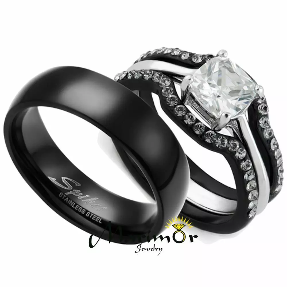 Hers His 4pc Black Stainless Steel Wedding Engagement Ring