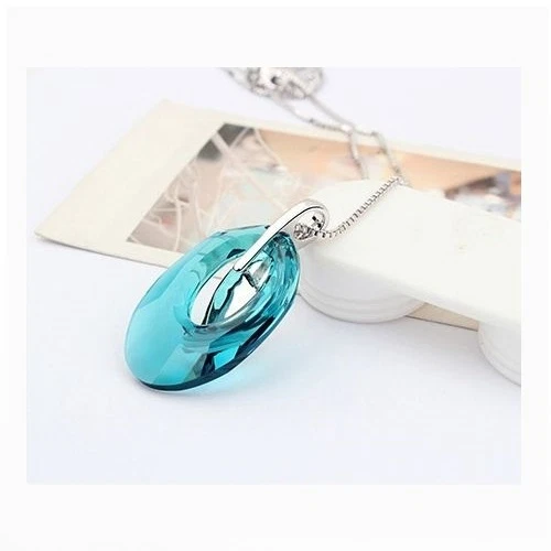 18K White Gold Plated Made With Swarovski Crystal Turquoise Leaf Moon Necklace - Image 4 of 4