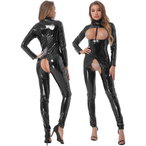 Women Long Sleeve Bodysuit Metallic Leather Crotchless Jumpsuit Cosplay Costume - Picture 1 of 14