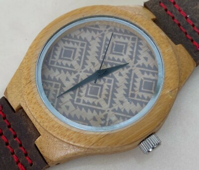 Custom Made Solid Wood Case Leather Band Analog Quartz Watch Hours~New Battery