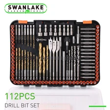 112PC Drill Bits Spade Nut Driver Screwdriver Socket Set Magnetic 1/4" Hex Shank