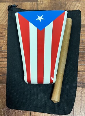 Hand Held Cowbell Painted With Colors Of Puerto Rico Flag Pouch And Stick