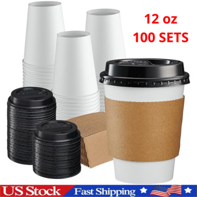 100 Pack 12 Oz Leak-Proof Coffee Cups with Lids and Sleeves Disposable Paper to