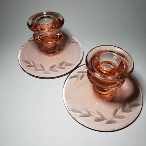 Vintage Pink Glass Candle Holder Set Of 2 Large 5" Base With Cut Floral Design