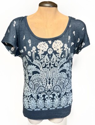Eyelash Couture Women's Short Sleeves Blouse Blue/ White Flowers Size L
