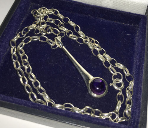 STERLING SILVER 925 AMETHYST CABOCHON CONTEMPORARY PENDANT 20” BELCHER CHAIN XP4 - Picture 1 of 10
