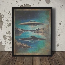 Vintage UFO Nautical Celestial Wall Art, Sci-fi UAP Lake Decor, USO Ocean Poster