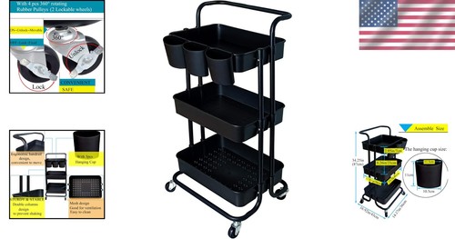 Elegant 3-Tier Rolling Utility Cart with Hanging Holders - Perfect for Any Space - Picture 2 of 9