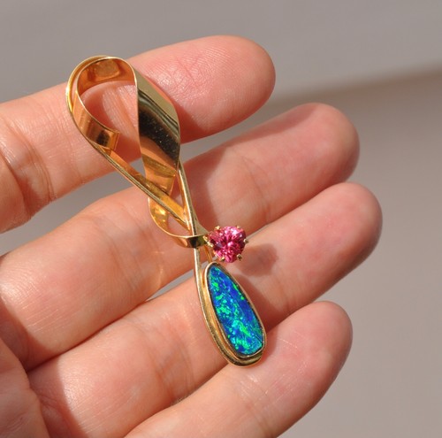 Handmade Designer Natural Black Opal Doublet Pink Tourmaline Pendant Brooch Pin - Picture 10 of 11
