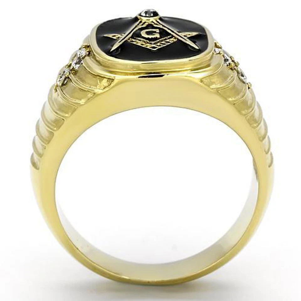 MEN'S GOLD TONE ENAMEL STAINLESS STEEL CLEAR CRYSTAL MASONIC RING SIZE 8, 12, 14 - Image 3 of 4