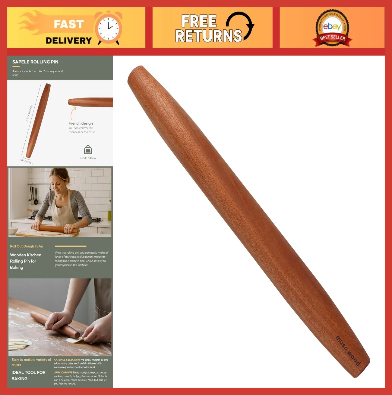 Sapele Wooden Tapered Rolling Pin 17.5" for Baking, Fondant, Pastry, Pie Crust