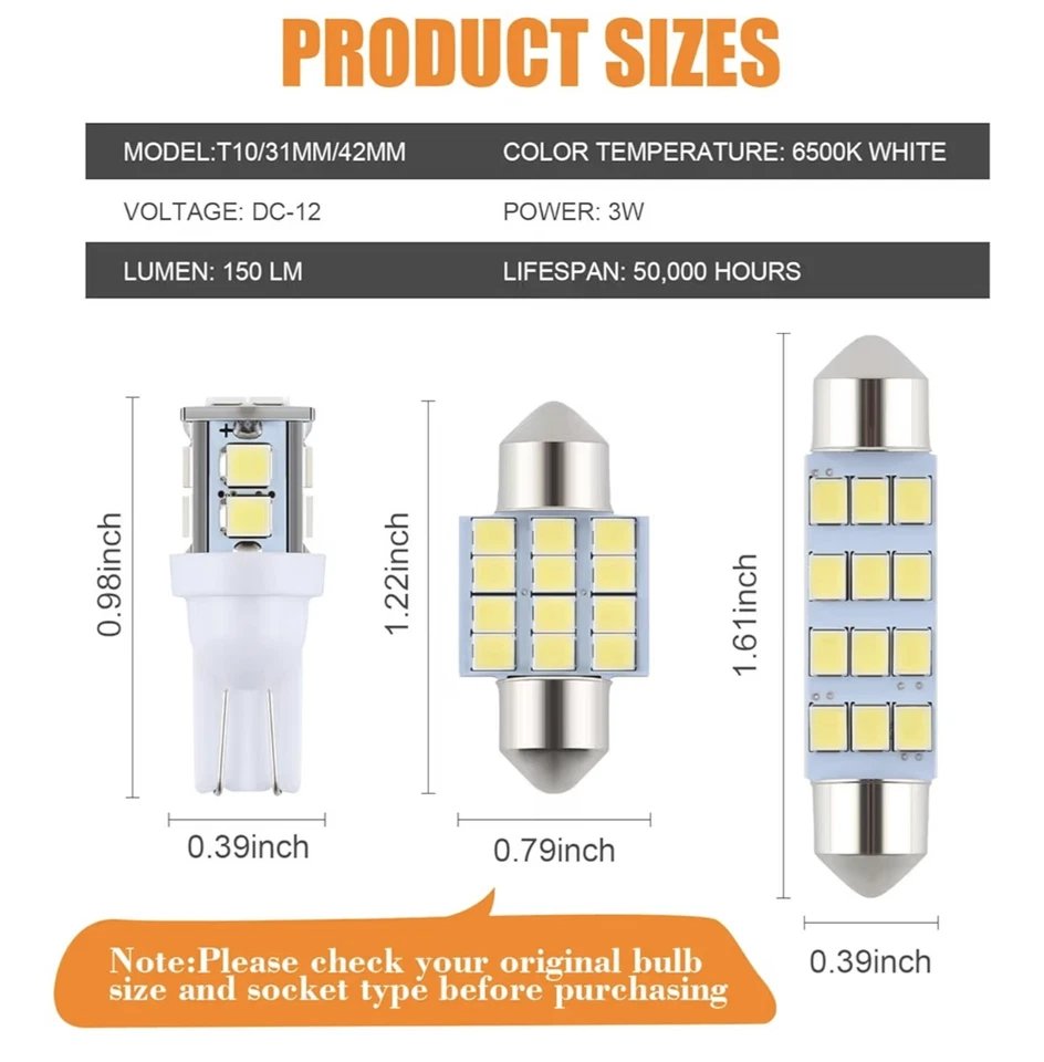 24 Pieces Dome Light LED Car Interior Bulb Kit Set 194 T10 DE3175 578 31mm 42... - Image 2 of 4