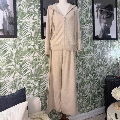 The Cashmere Project 100% Cashmere Hoodie Wide Leg Pants Set Ivory Lounge Size M