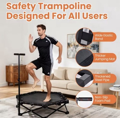 Premium Fitness Trampolin Faltbar Indoor Outdoor 150kg mit Haltestange Jumping