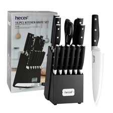 Hecef 14 Pcs Kitchen Knife Block Set, Black - Satin Finish