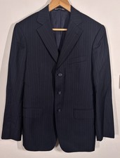 1990s Pinstripe Suit Jacket 40S Blue Super 150s Wool Oriental Mandarin Hotel H.K