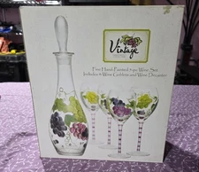 Home Essentials & Beyond Decanter Wine Glass 6 Pc Set Hand Painted Grapes Decor
