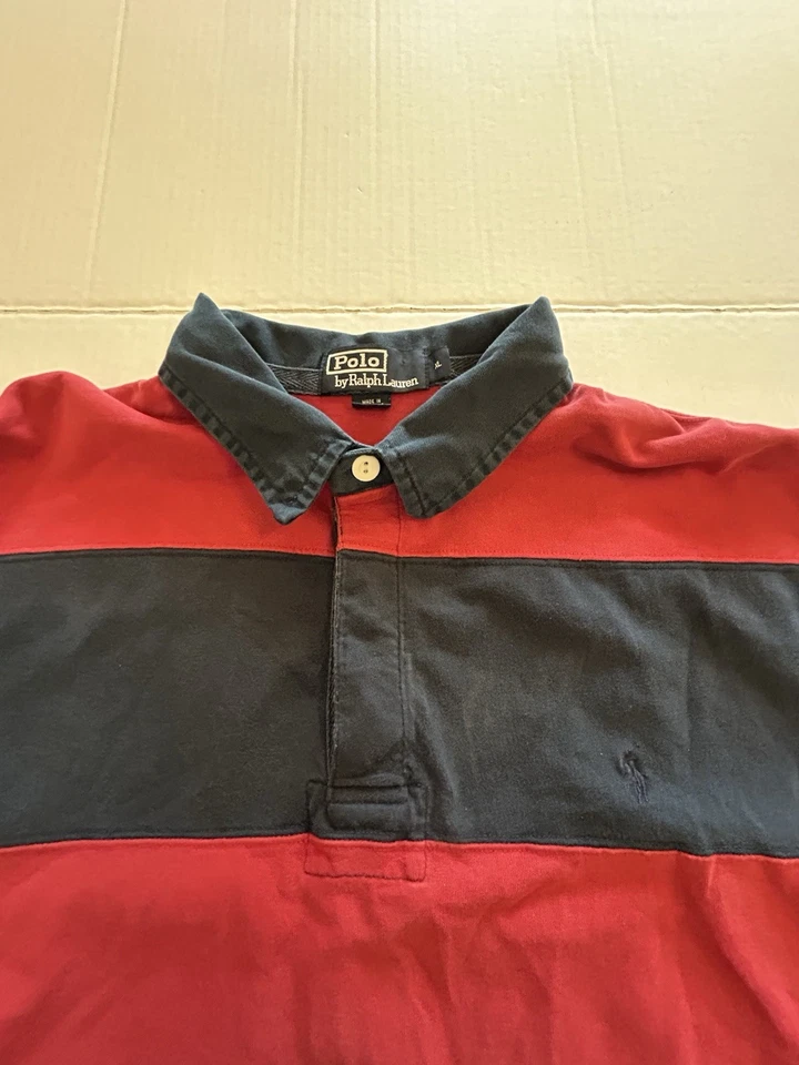 Camisa Polo De Colección Por Ralph Lauren Rugby Talla XL Azul Marino Rojo Rayas Manga Larga Años 90 Poni Foto 4 de 4