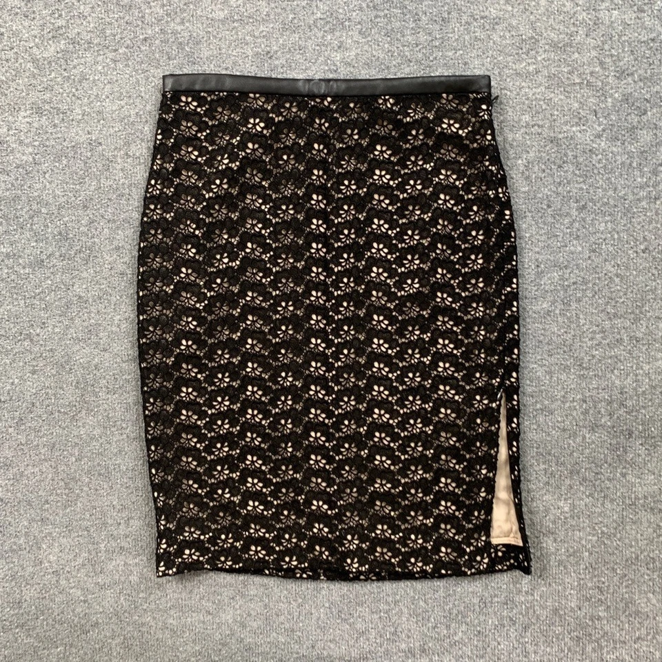 Diane Von Furstenberg Skirt Womens 2 Black Cream Acorn Lace Faux Leather Trim - Image 2 of 4