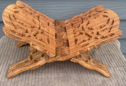 VTG Hand Carved Sheesham Wood Wooden Book Holder Folding Bible Display India