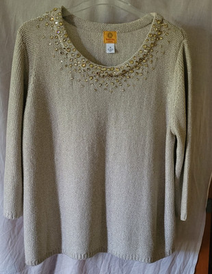Women's Ruby Rd. Sweater Plus Size 3X Beige Shiny Beads Pullover Dressy Nice