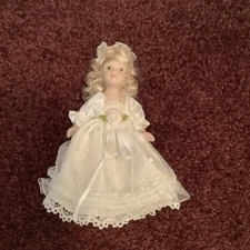Porcelain Doll Sequin White Dress With Pink Flower Moveable Arms Legs 5”