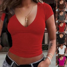 Women's Casual for V Neck Short Sleeve Solid T-Shirt Pullover for Slim Fit