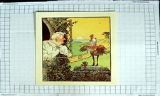 Original Old Antique Print Colour Comedy Scene Cockerel Sunrise Man House