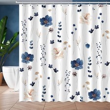 Watercolor Floral Shower Curtain, Dray Blue 72"W x 72"L Pack of 1 Dark Blue
