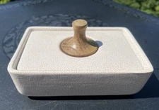 Vtg Royal Haeger Covered Art Pottery Box w/ Crackle Glaze and Wooden Knob - MCM