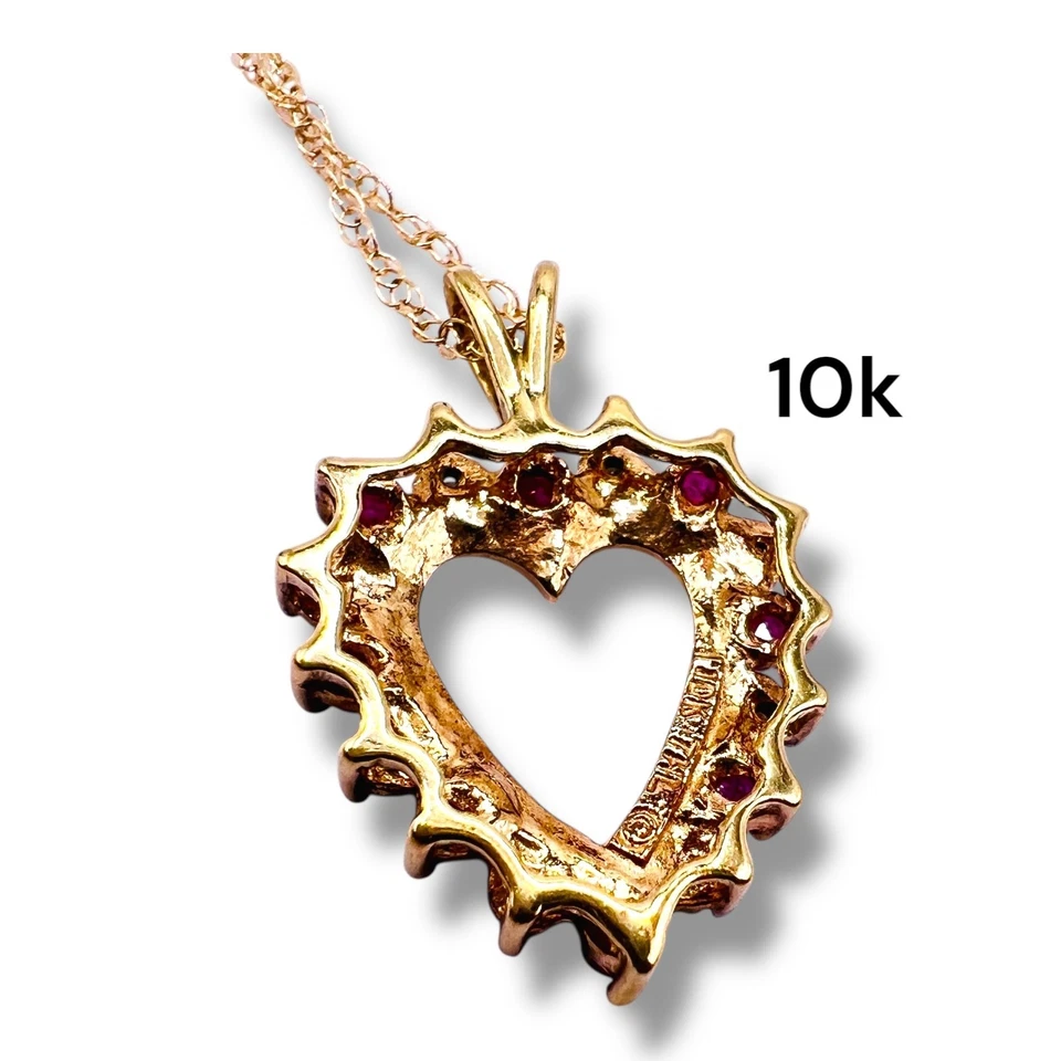10k Yellow Gold Ruby Diamond Heart Pendant Necklace 2.2g 18" -1398 - Image 2 of 4
