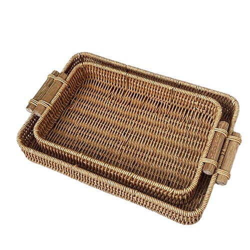 Rattan Rectangle Serving Tray With Handles Hand Woven Wicker Storage Basket Tray - Picture 2 of 14