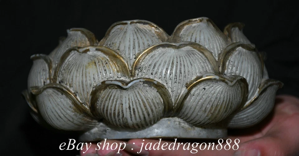 Lavadora de cepillo de escritura de loto tallado dorado jade blanco antiguo chino natural de 6,6" Foto 3 de 4