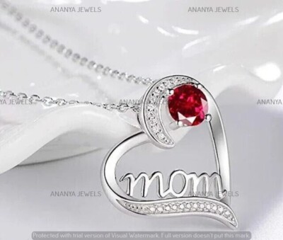1 Ct Round Cut Lab-Created Ruby Mom Heart Pendant 925 Sterling Silver 18'' Chain