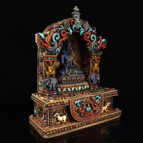 Tibetan Buddhism Lapis Lazuli Sakyamuni Buddha Statue With Silver Wire Inlay Gem - Picture 2 of 16