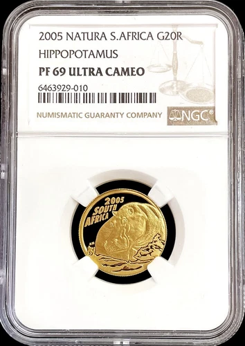 2005 GOLD SOUTH AFRICA 20 RAND NATURA HIPPOPOTAMUS COIN NGC PROOF 69 ULTRA CAMEO