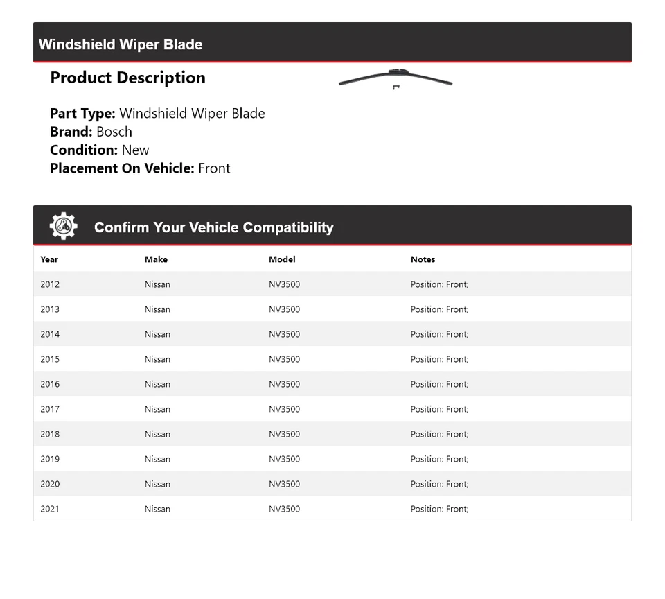 For 2012-2021 Nissan NV3500 Bosch Windshield Wiper Blade Evolution Front 2013 - Image 2 of 4