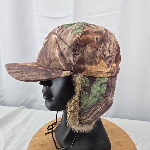 Vintage Mad Bomber Trapper Hat Camo Rabbit Fur Lined Aviator Ear Flaps Large