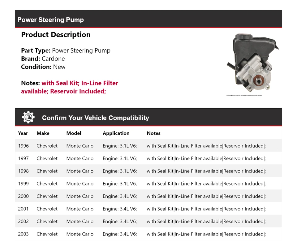 Bomba de dirección asistida Cardone 1997 1998 1999 para Chevrolet Monte Carlo 1996-2003 Foto 2 de 4