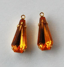 VINTAGE FACETED GLASS KITE SHAPED HEXAGON PENDANT BEAD BRASS SET • 15x7mm