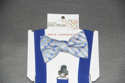 Cravatta e bretelle uomo Alfani blu grigio gingham check pre legate fiocco nuova - Foto 2 di 3
