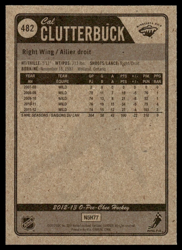 2012-13 O-Pee-Chee Red Cal Clutterbuck Minnesota Wild #482 - Image 2 of 2