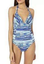 NWT La Blanca 6 Island Goddess V Neck Mio 1Pc Swimsuit Blue Stripe 128238