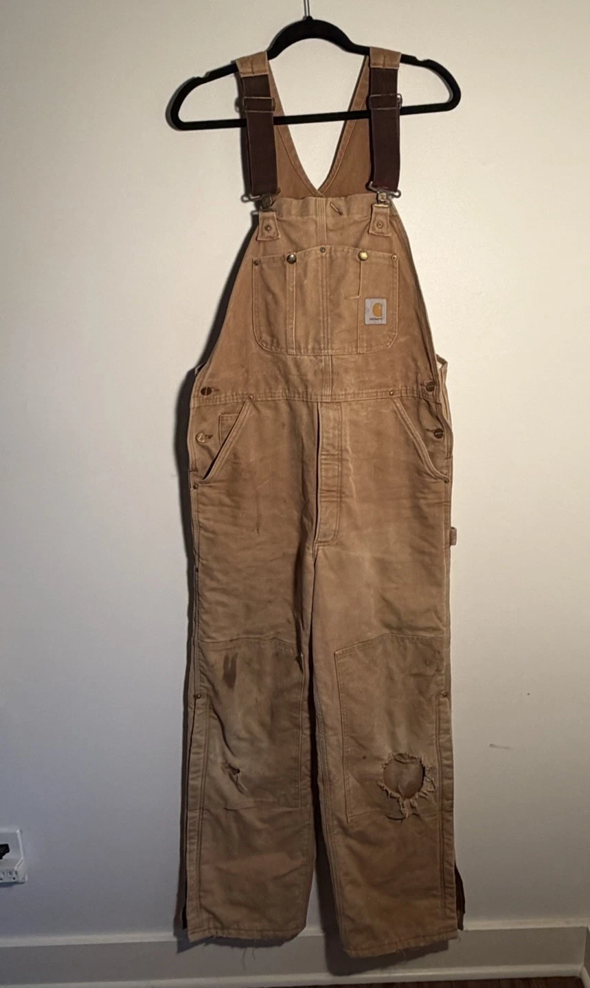 Vintage Carhartt Overalls 36x32 Duck Insulated Worn Bib Double Knee Workwear