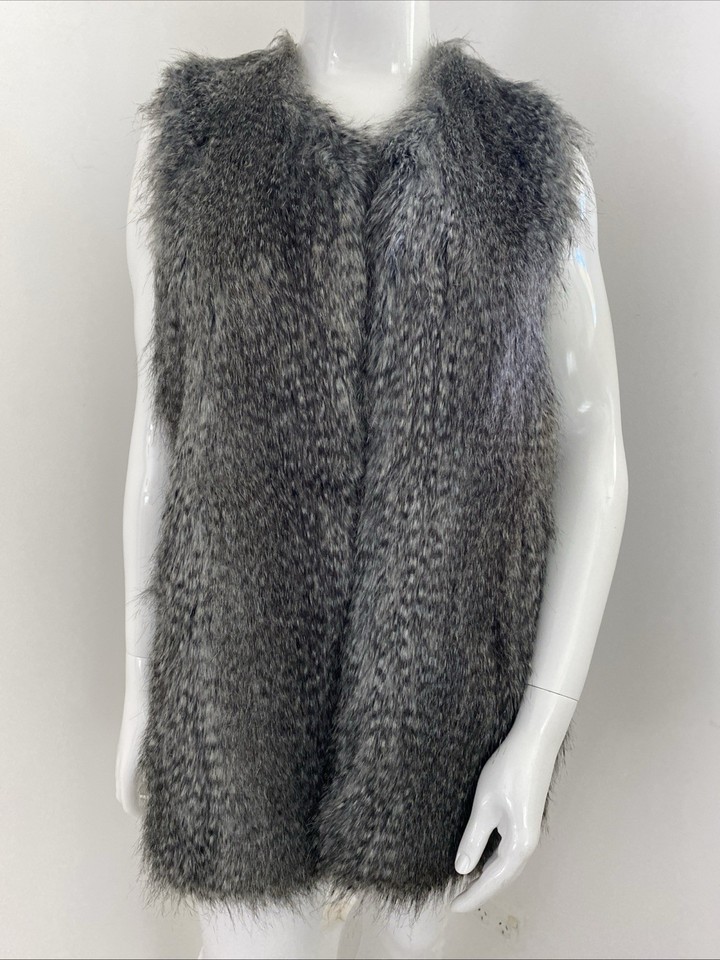 14-16 / L - XL Grey Faux Fur Sleeveless Jacket Vest Gillet Contrast Knit Back