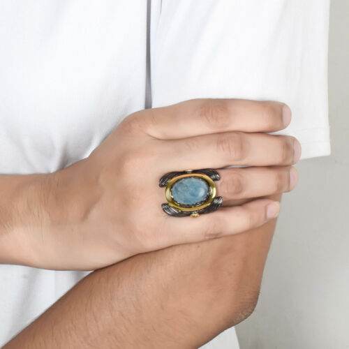 Anello da uomo in argento 925 acquamarina con pietra preziosa sterling fatto ... - Foto 2 di 5
