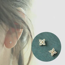 Solid 925 Sterling Silver Shiny Clover Flower Stud Earrings Four Leaf Zirconia