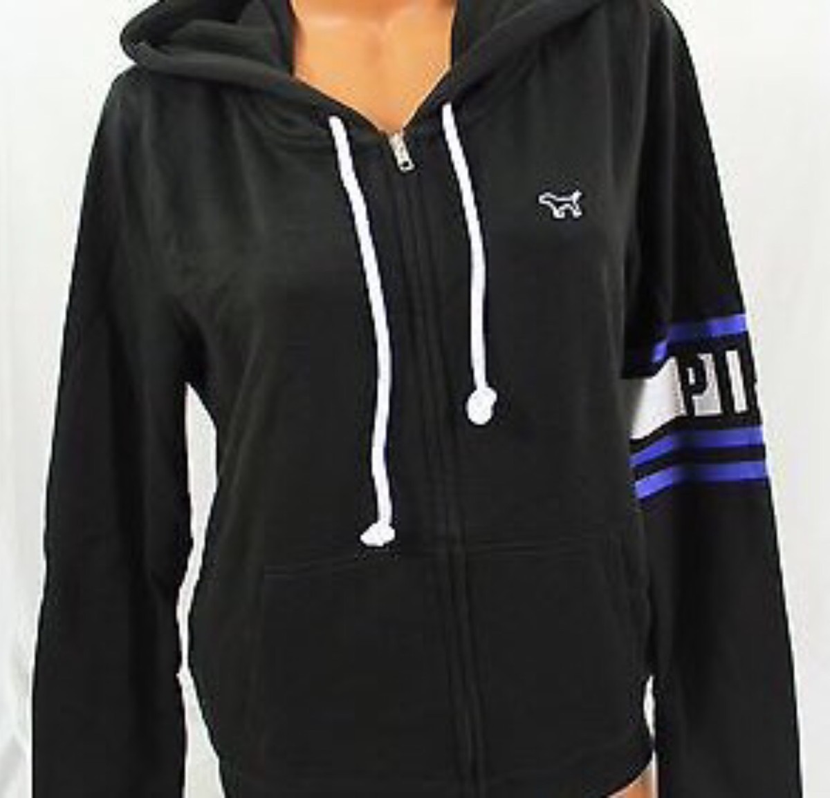 M) VICTORIA'S SECRET PINK BLACK FULL ZIP HOODIE WITH BLUE STRIPED
