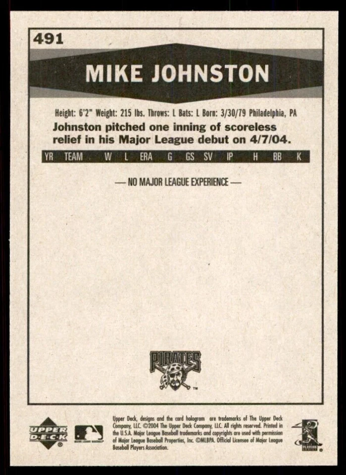 2004 Upper Deck Vintage Update Mike Johnston Pittsburgh Pirates. #491 - Image 2 of 2